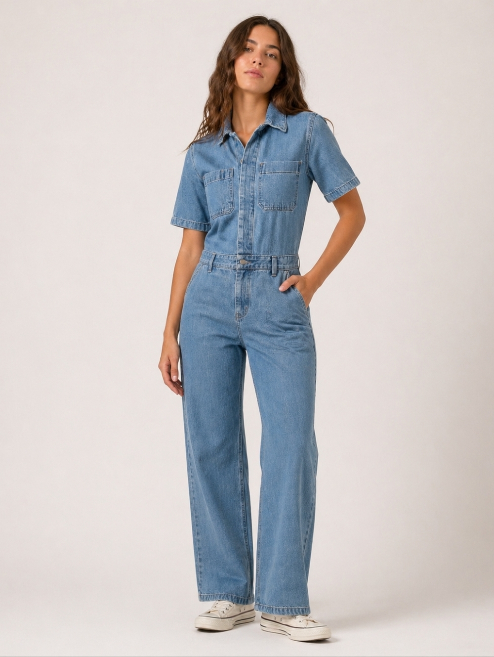 Everlane Light Blue Denim Short-Sleeve Jumpsuit Coveralls, Organic Cotton,Size 0
